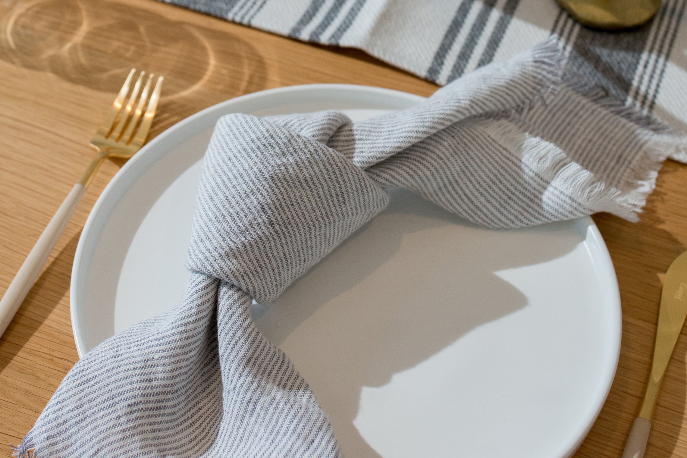 Linen Fringe Napkin - Grey Stripe